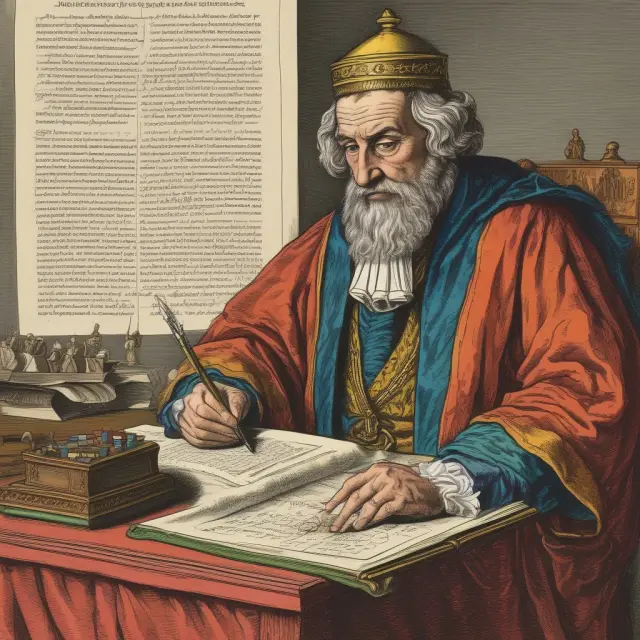 Knighted economist John R. Hicks writing on a scroll with IS-LM model diagram