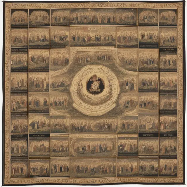 A colorful tapestry illustrating the London School of Economics, Cambridge University, Manchester University, and Oxford University