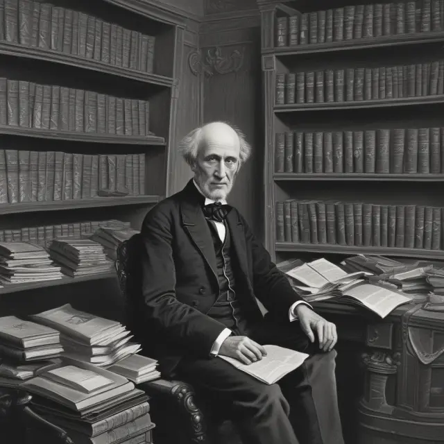 An image of John Stuart Mill sitting at a desk, engrossed in books, as the East India Company