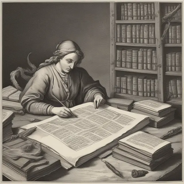 An inspiring image of a philosopher writing with a quill as symbolic figures representing Mill
