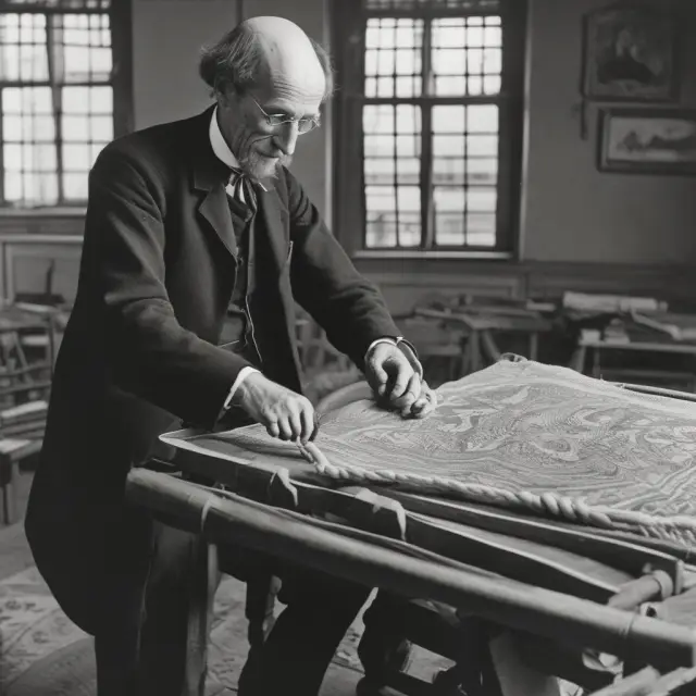 John Stuart Mill sitting at a large wooden loom, weaving an intricate tapestry representing economic equality