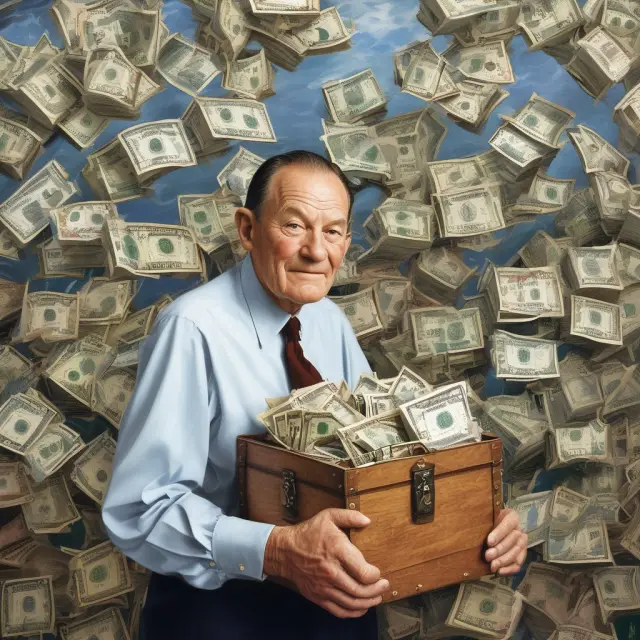 An image of John Bogle with an index fund sailing on a tranquil sea, holding a treasure chest filled with diverse investment assets