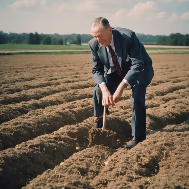 John Bogle planting seeds representing index funds in a flourishing garden