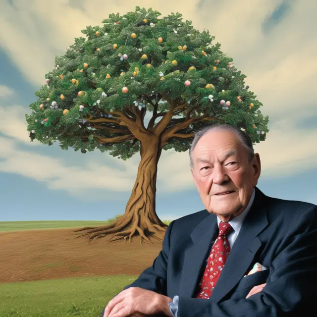 A large tree with John Bogle depicted as a wise gardener, surrounded by passive investors picking fruits symbolizing investment wisdom and knowledge
