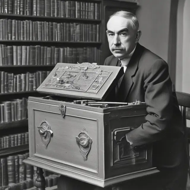 Keynes holding a treasure chest, surrounded by economic charts: Effective demand sparks multiplier effect, creating jobs.