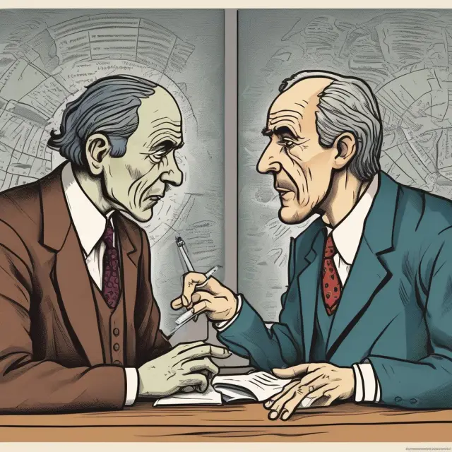 A metaphorical image of two economists in heated discussion, symbolizing the ongoing debate between Keynesian and Monetarist schools of thought.
