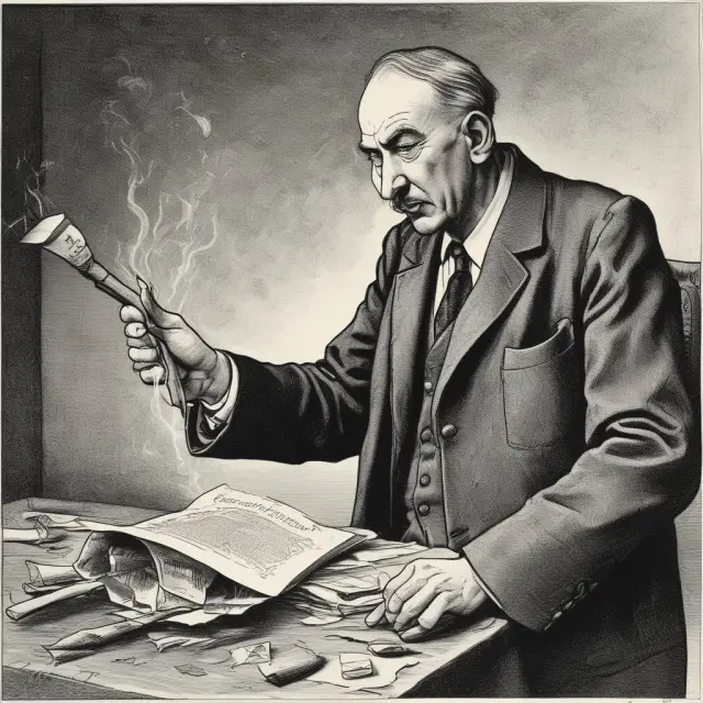 John Maynard Keynes holding a gavel, breaking free from the chains of laissez-faire economics