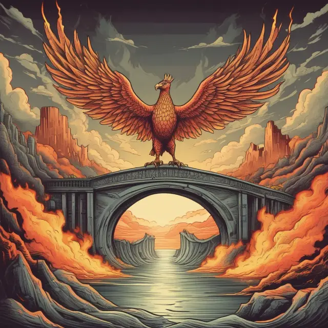 A bridge connects classical and Keynesian economics as a mythical phoenix rises, symbolizing economic renewal.