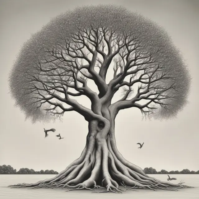A tree symbolizing Keynesian economics with roots representing government policies and branches illustrating various economic interventions