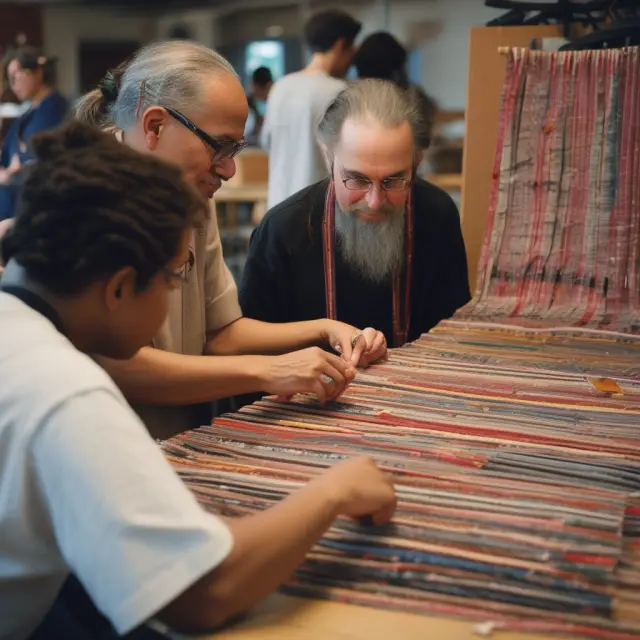 A room filled with Cornell Johnson MBA students working together on intricate tapestries while wise industry leaders look on, symbolizing knowledge exchange and growth.