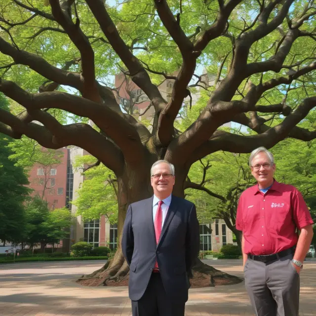 An ancient knowledge tree, laden with ripe fruits representing insights from esteemed Cornell Johnson alumni, who provide wisdom through FAQs about their prestigious business school.
