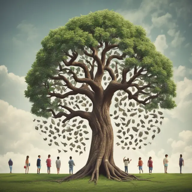 An evolving tree growing children, symbolizing the historical development and importance of dependent deductions in US tax code