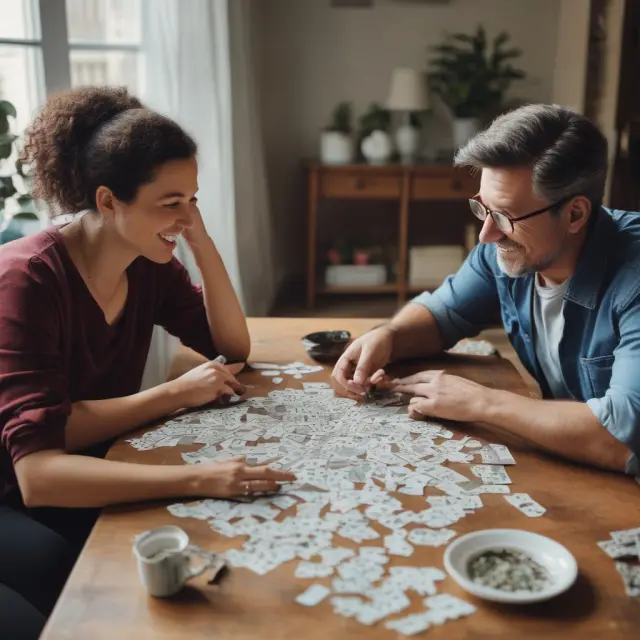 A couple sitting around a table with a jigsaw puzzle, symbolizing the intricacies of tax planning strategies when navigating joint returns and dependent claims.