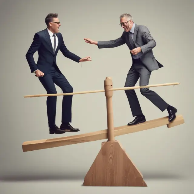 Two former spouses balancing a seesaw, representing their shared joint credit debt during divorce proceedings