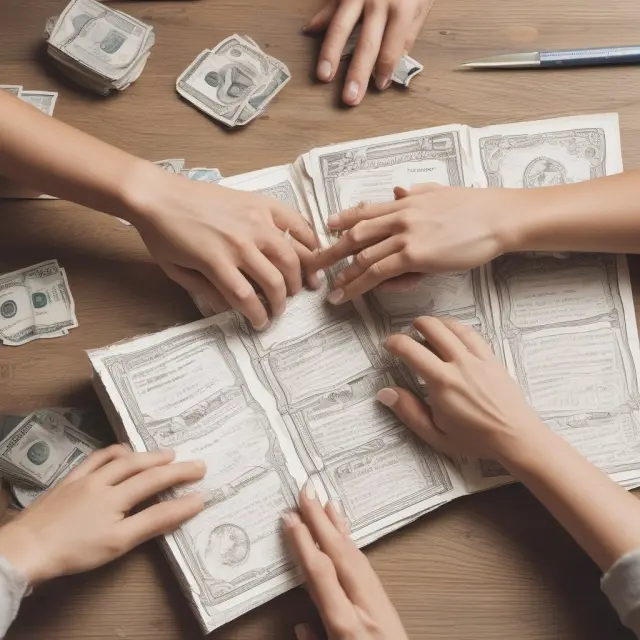 Hands symbolizing account holders closing a joint credit account, with detailed accounting book