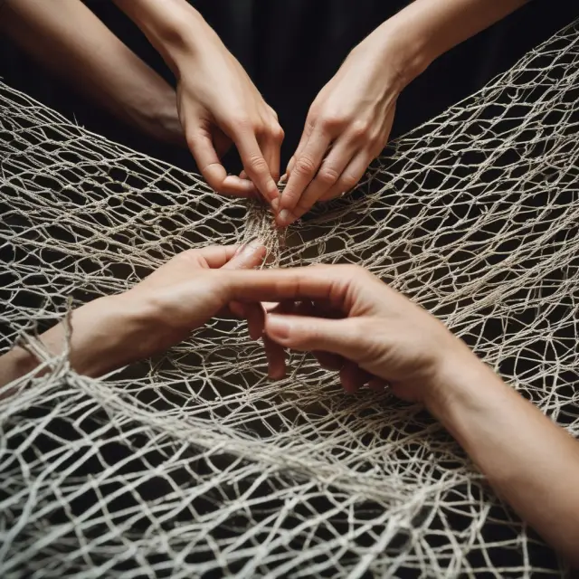 Two hands intertwining to create a net with gold threads and silver coins, reflecting joint and survivor annuity considerations for couples.