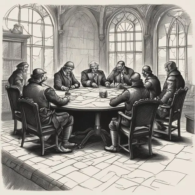 Round table of financial knights symbolizing underwriters committed to selling their designated shares while collectively ensuring the sale of remaining securities