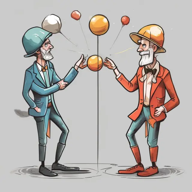 Two jugglers skillfully balancing balls representing advantages and another set symbolizing disadvantages, emphasizing the need for careful consideration in jointly and severally agreements