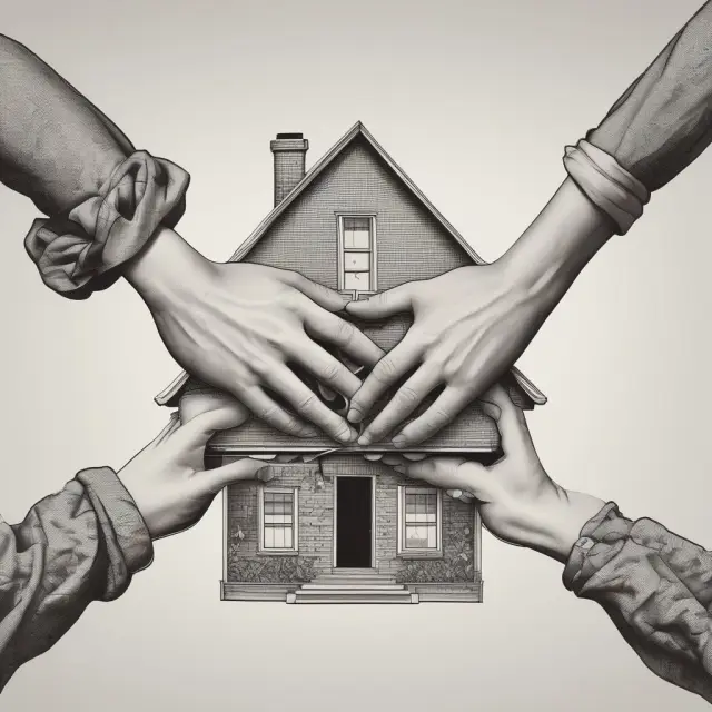 Two hands weaving a house, depicting married couples