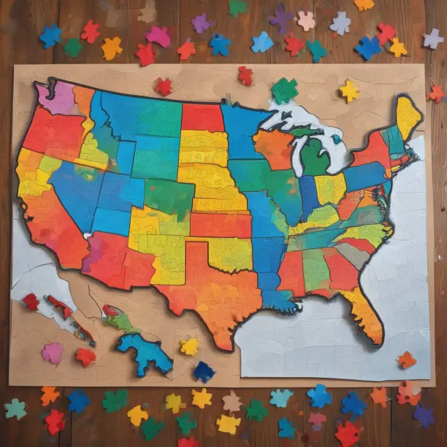 A married couple holding hands while examining a puzzle map, symbolizing community property in select US states