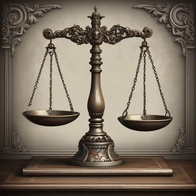 Two judicial scales balanced on an ornate table symbolizing fair dispute resolution for joint ownership issues