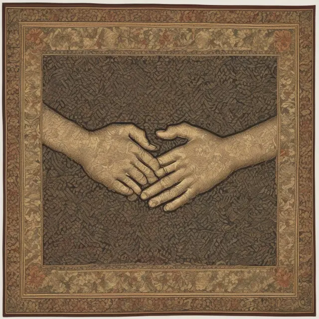 Two intertwined hands working on a large tapestry depicting a house and property, symbolizing effective joint ownership in estate planning.