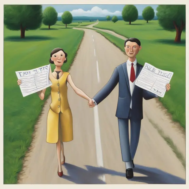 Married couple at a crossroads, considering tax filings: one holding joint tax documents, the other separate ones