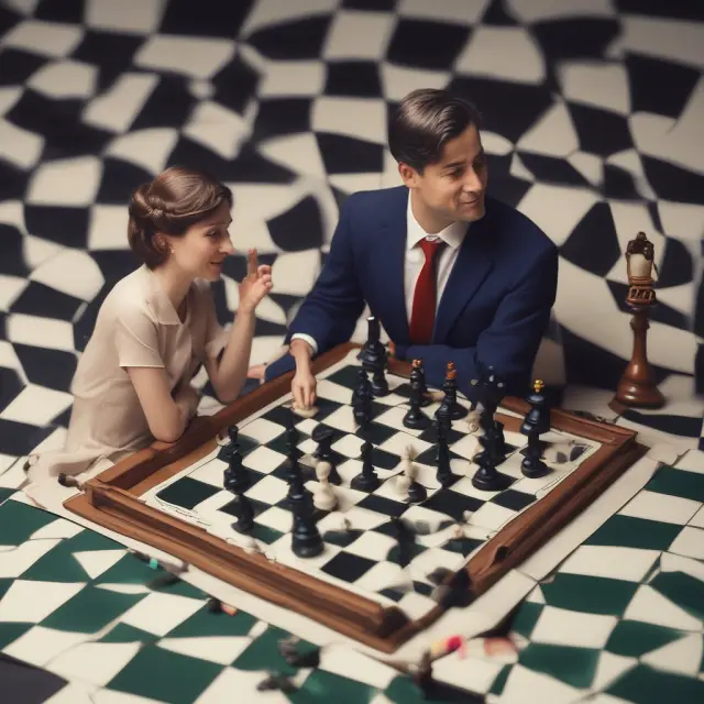 A married couple engages in an intense chess match, using tax credits as their game pieces to optimize their tax bracket strategies.