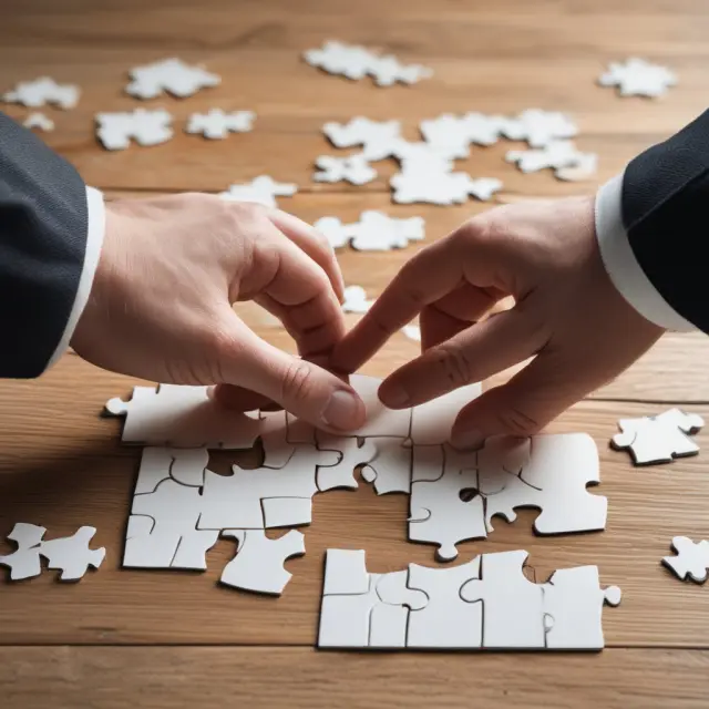 An illustration of two hands parting ways, releasing a jigsaw puzzle depicting various assets; representing the financial changes during a divorce process.