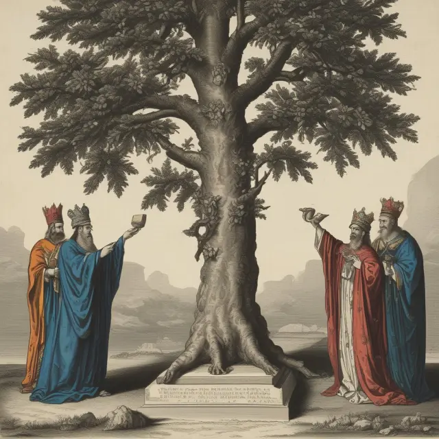 Monarch granting a royal charter to a growing tree representing the evolution of a joint-stock company, transitioning from unlimited shareholder liability to transferable shares.