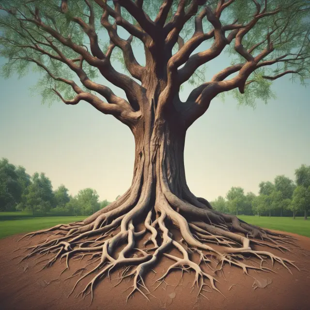 Image of a sturdy, historic joint-stock company tree with deep roots symbolizing capital growth and branches extending to shareholders