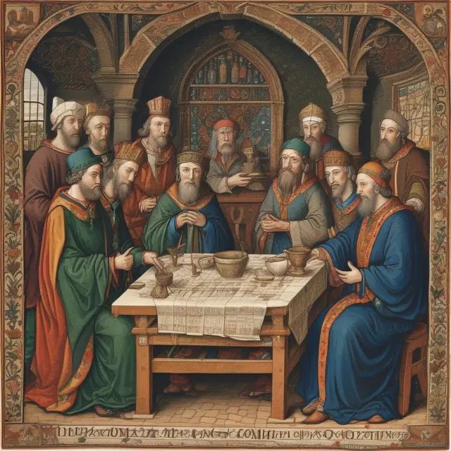 Merchants creating a tapestry, symbolizing the early origins and growth of joint-stock companies in medieval Europe