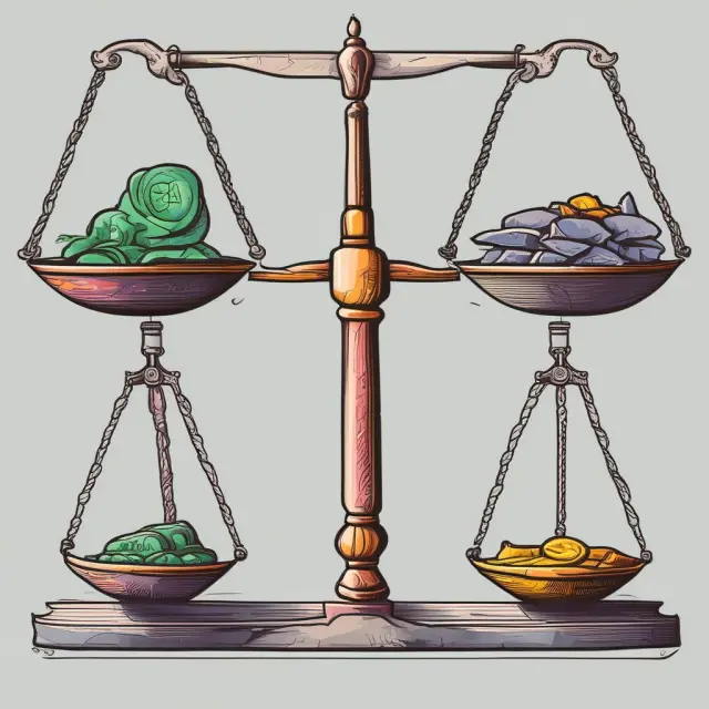 A set of scales balanced with golden shares representing potential profits and silver shares signifying risks, symbolizing the advantages and disadvantages of joining a joint-stock company