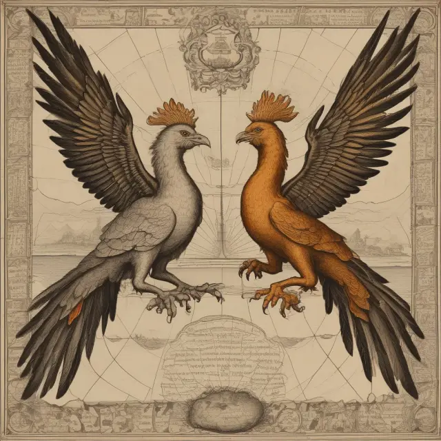 Two majestic phoenixes rising from ancient maps, representing the influential growth and impact of the English East India Company and Holland