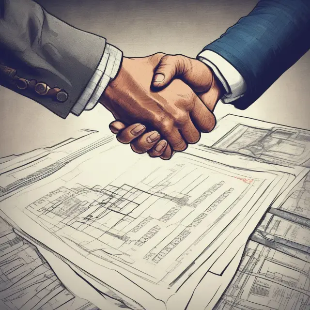 Image of two hands shaking on a contract, with a JV blueprint between them representing objectives, initial contributions, day-to-day operations, profits, and losses.