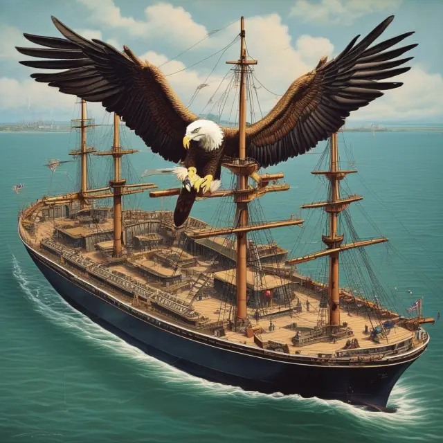 An American eagle building a ship using its wings, highlighting the core provisions of the Jones Act related to ship ownership, construction, and crew composition.