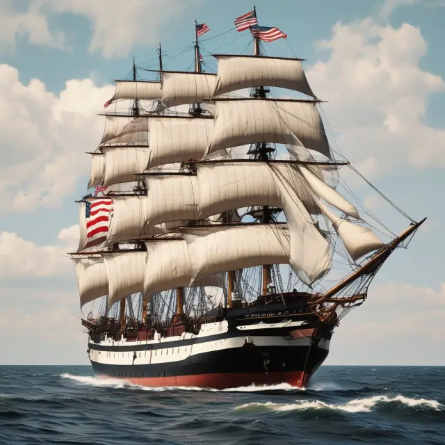 An American eagle caring for a ship adorned with the Stars and Stripes flag, representing the Jones Act