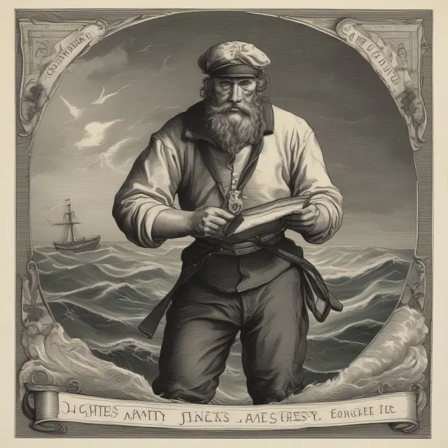 Sailor navigating turbulent waters while managing Jones Act regulations, surrounded by waiver scrolls