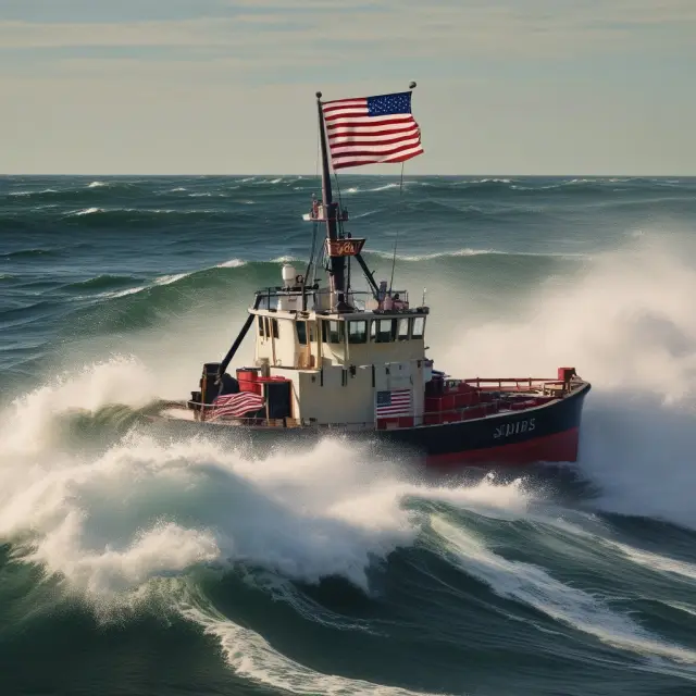 American-flagged tugboat struggling against high waves, symbolizing the debated economic impact of the Jones Act on shipping costs.