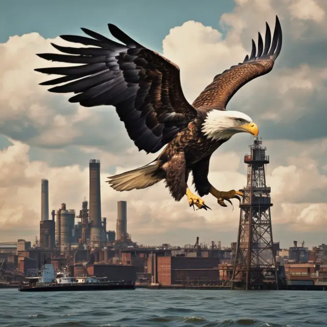 An American eagle flying over a bustling seaport scene with ships, cranes, and workers, illustrating defense industry growth and job creation through the Jones Act