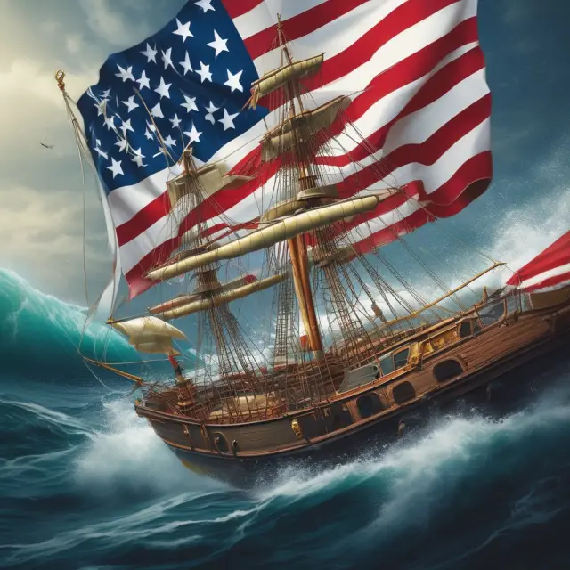 A compass with stars and a US flag guiding a ship in tumultuous waters, symbolizing the Jones Act