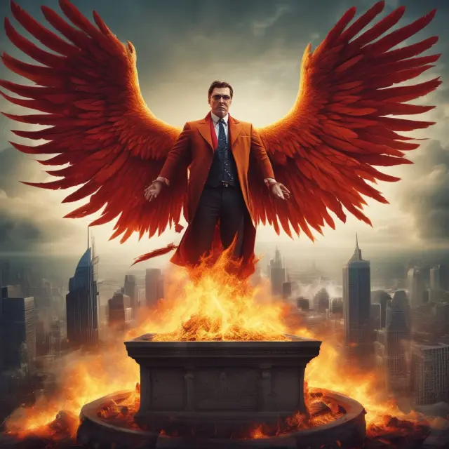 Josef Ackermann transforming Deutsche Bank into a global investment powerhouse, symbolized by a mythical phoenix rising from ashes.