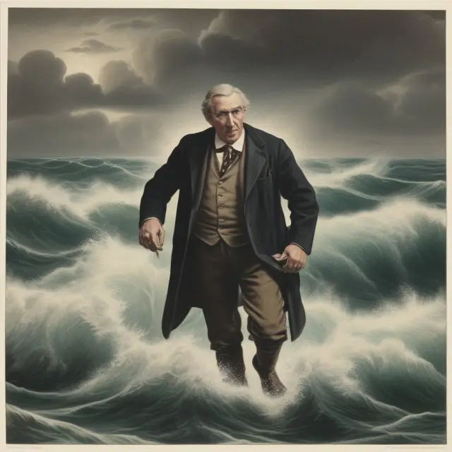 A calm and resolute Josef Ackermann steering a ship filled with IIF members through choppy waters, illustrating his critical role in navigating the global financial crisis.