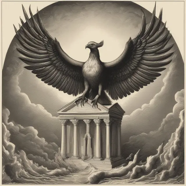 Image of a mythical Phoenix emerging from the ruins of Bank of Cyprus headquarters, signifying financial recovery and rebirth under Josef Ackermann