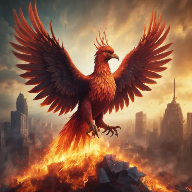 Image: A mythical Phoenix bird rising majestically from the ashes of crisis-stricken financial institutions, symbolizing Josef Ackermann