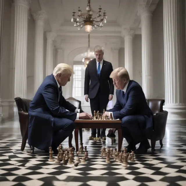 Josef Ackermann and Donald Trump in a metaphorical game of chess representing their business relationship.