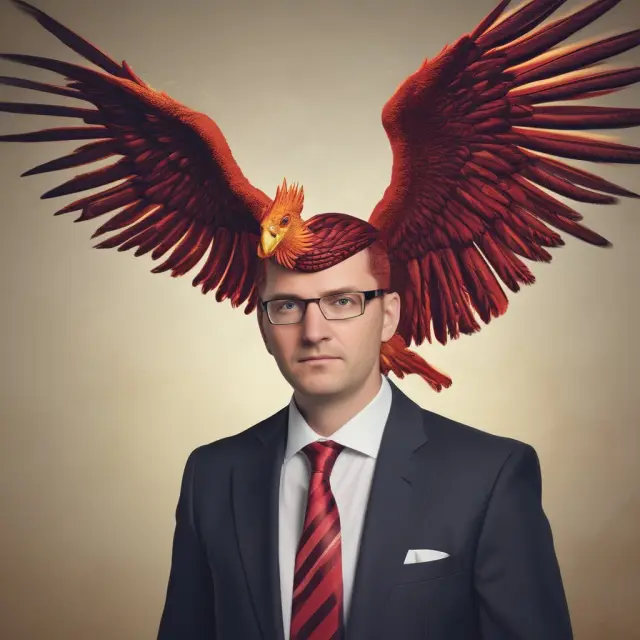 An image of Josef Ackermann depicted as a mythical Phoenix, emerging triumphantly from the ashes of legal trials and controversies