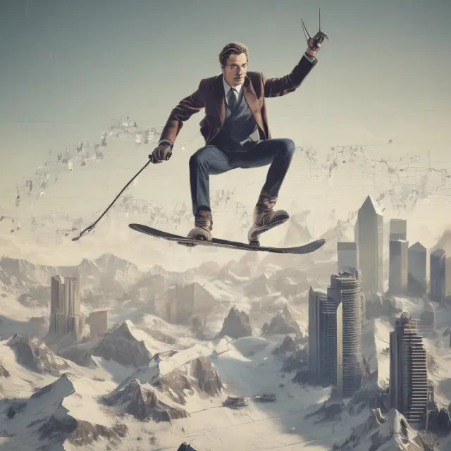 Swiss banker Josef Ackermann, known for his successful career in finance and investment, enjoys classical music and skiing. Balancing music notes on skis amidst soaring financial charts.