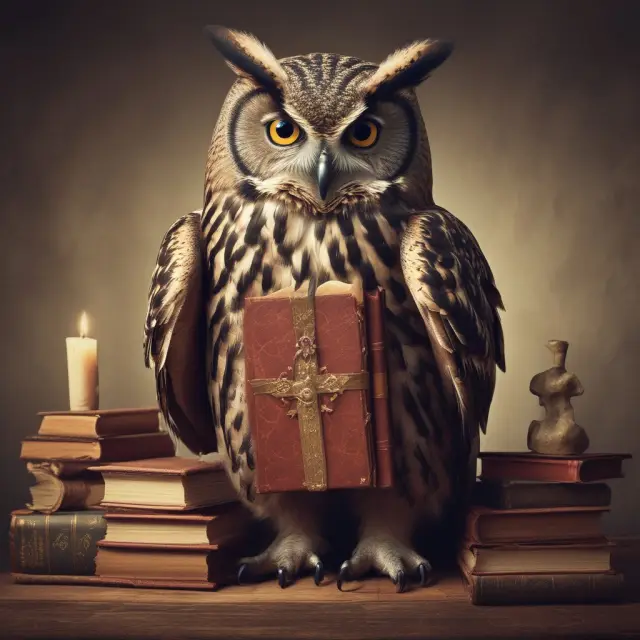 An image of a wise owl holding open books and answering common queries about Josef Ackermann