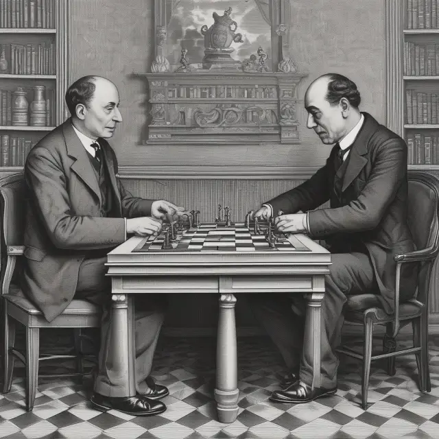 Schumpeter and Keynes seated at a chessboard, representing their intellectual rivalry and contrasting views on economic theories